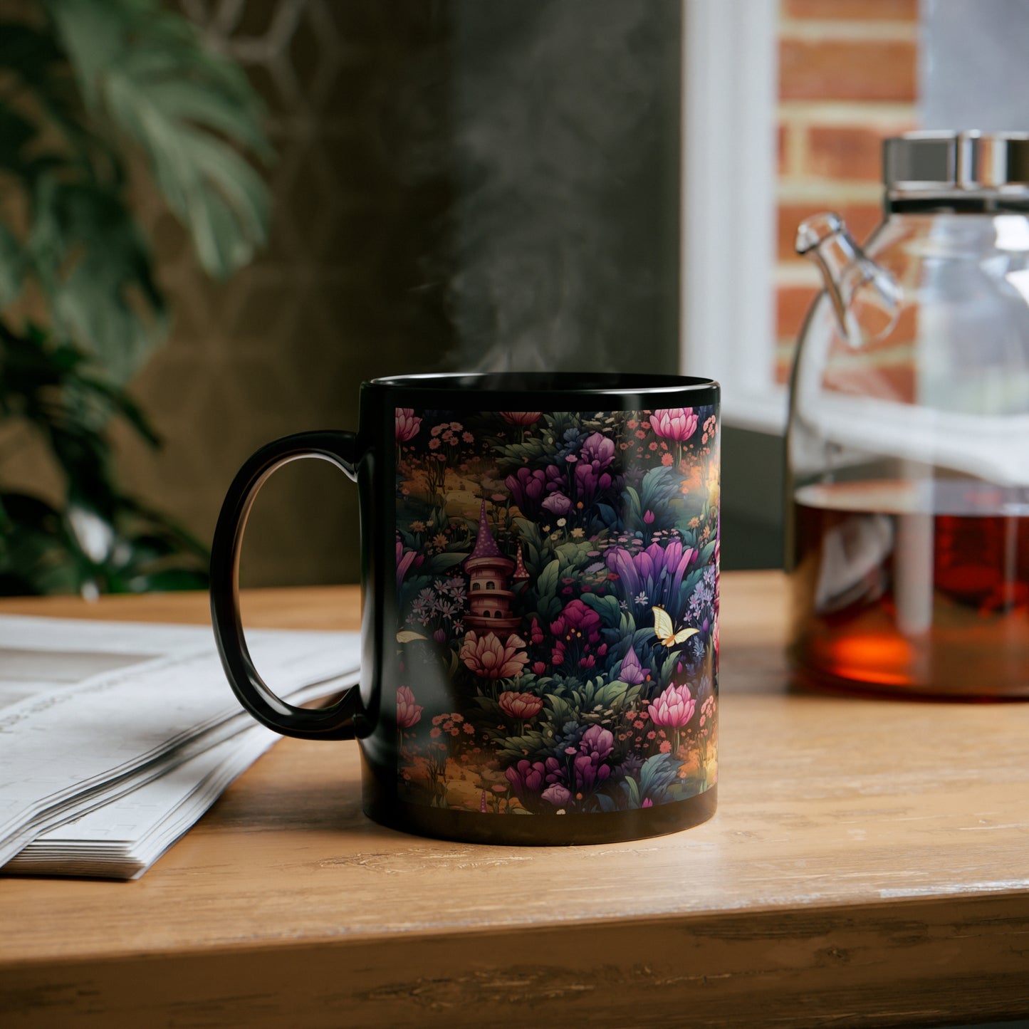 Fairy Garden With Pink & Purple Flowers in the Enchanted Forest Mug - Bringing Magic to Your Morning Brew" 11oz Black Mug Fairycore