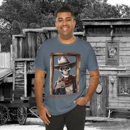 Spooky Saloon Showdown Gunslinging Skeleton Cowboy Halloween Unisex Jersey Short Sleeve Tee