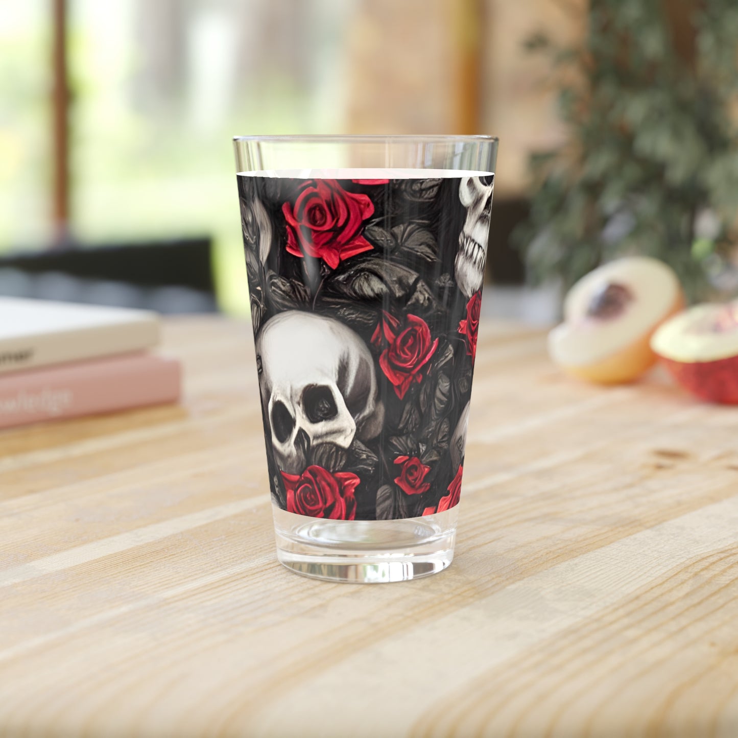 Hyper Realistic Skulls and Red Roses by artist Anne-Laure Goupil Pint Glass, 16oz