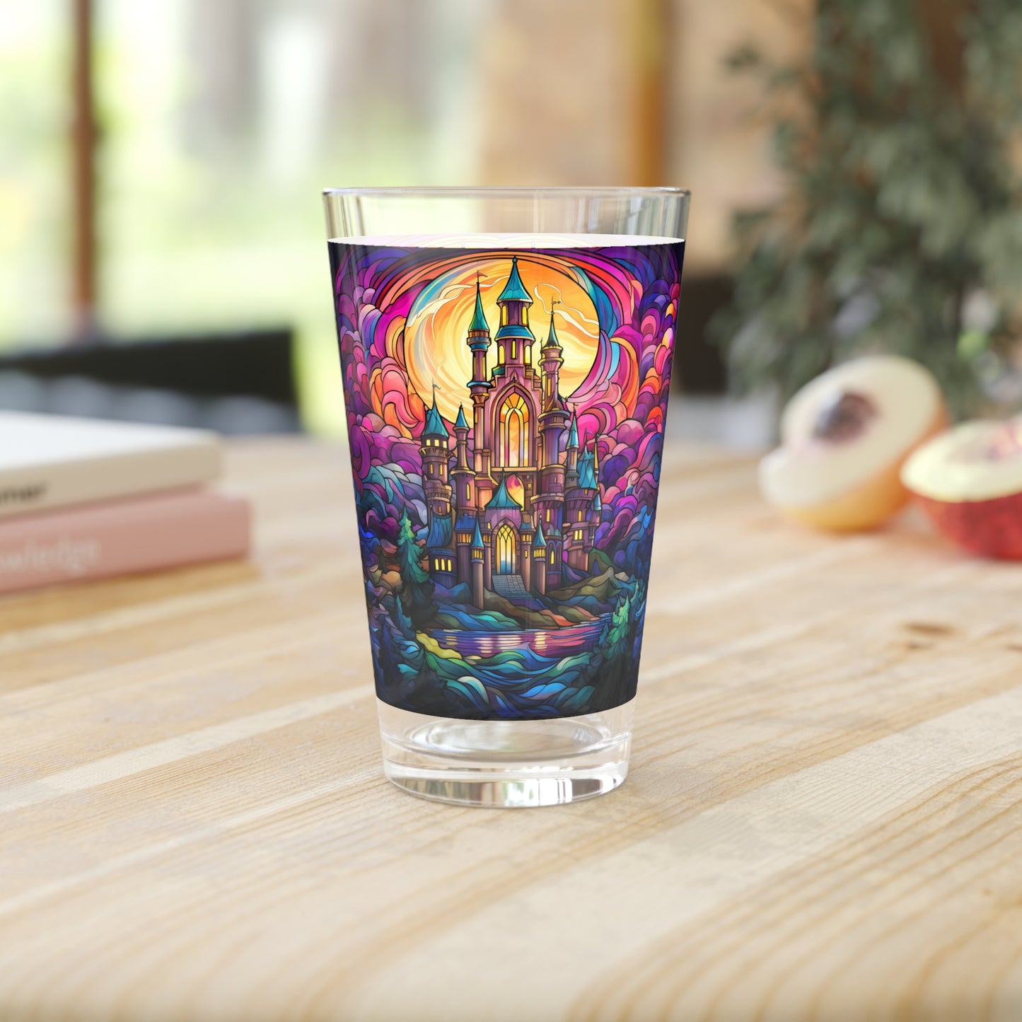 Enchanted Castle by the Creek: A Magical Stained Glass Artwork on a 16oz Pint Glass Gift idea, gifts for home decor, housewarming gift