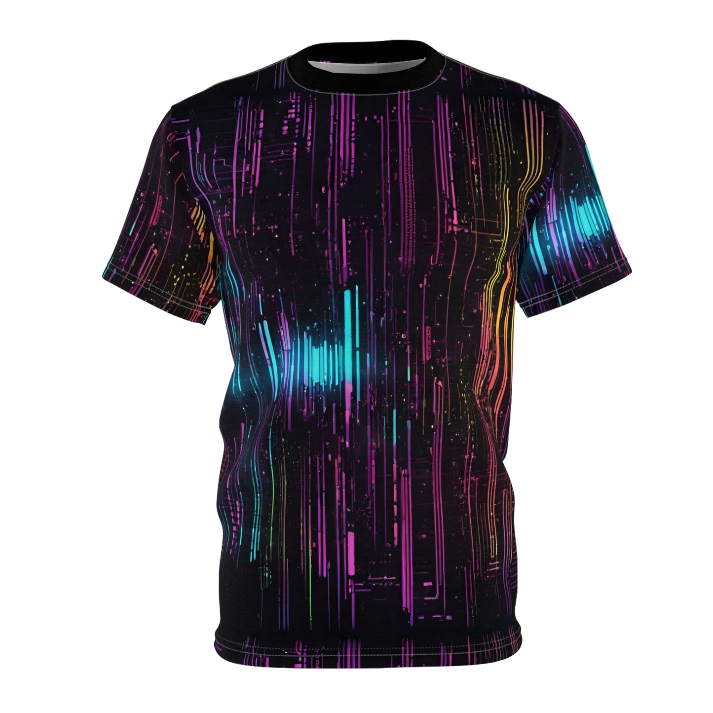 Unisex Cut & Sew Tee (AOP) - Futuristic Neon Lights on Circuit Board Cyberpunk