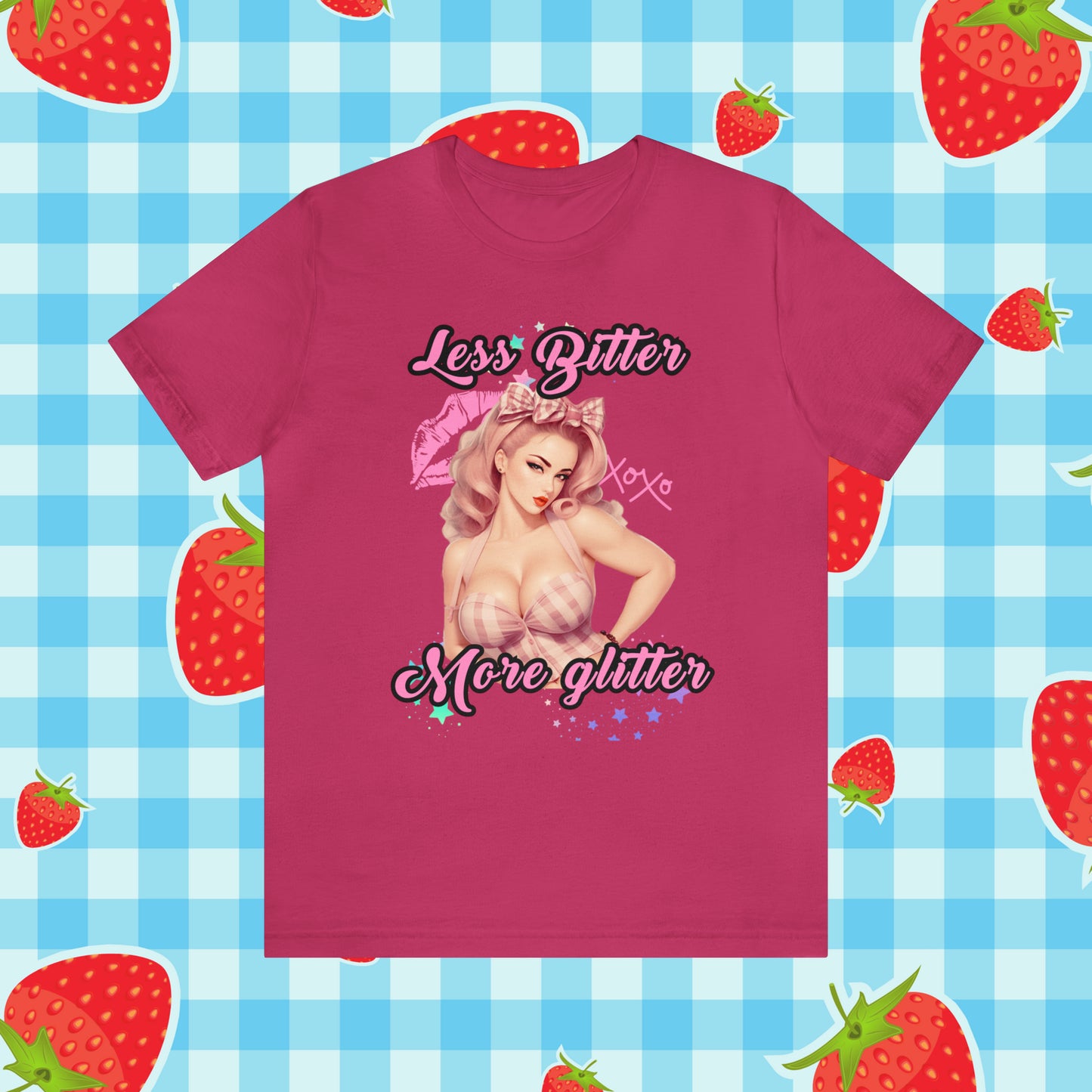 Vintage Pink Pinup Girl "Less Bitter More Glitter" on a Bella+Canva 3001 Unisex Jersey T-Shirt - A Must-Have Gift for her