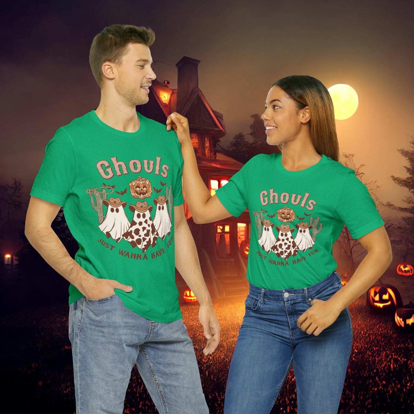 Ghouls Just wanna have fun Cowgirl Ghosts Retro Halloween Unisex Jersey Short Sleeve Tee Gifts for her