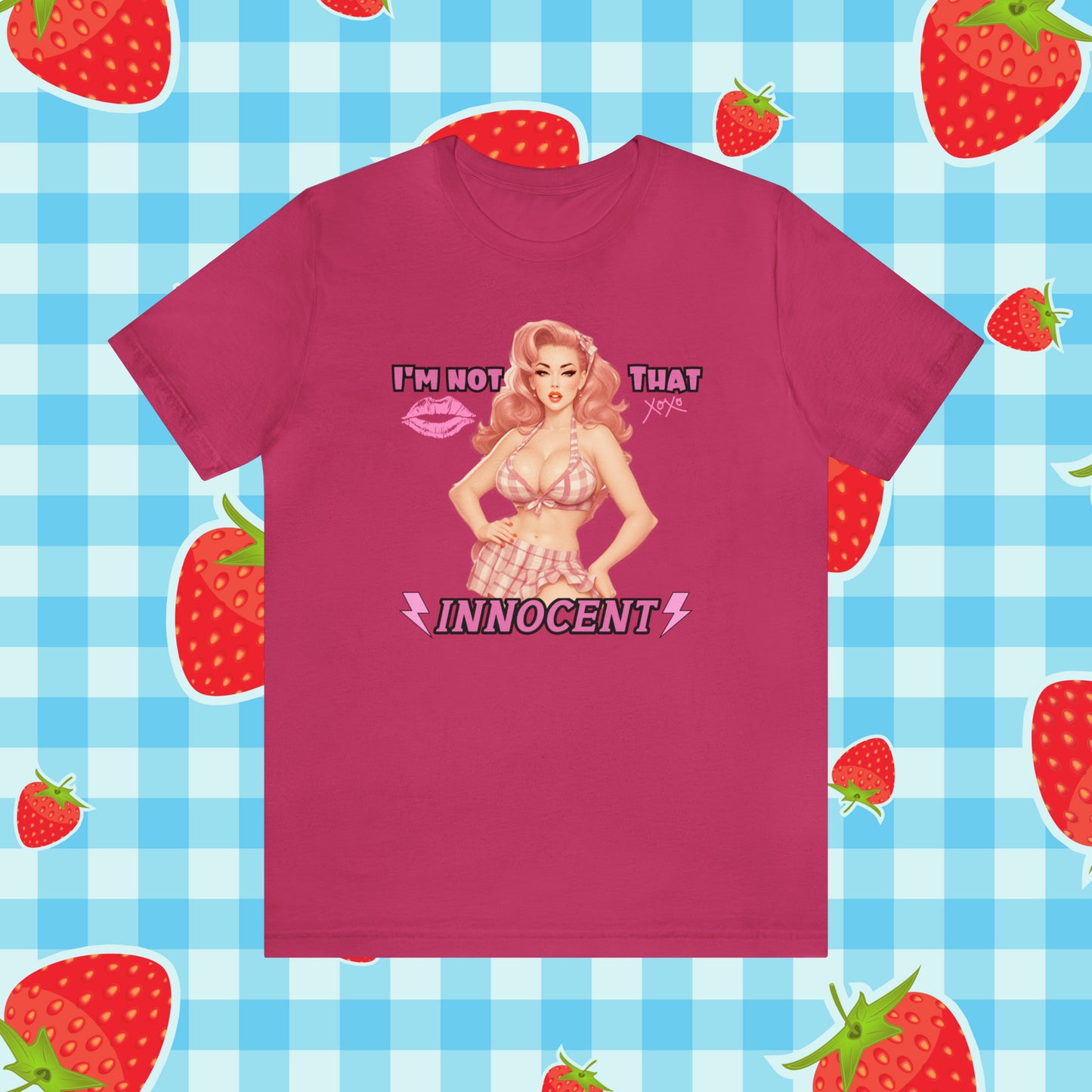 Timeless Elegance: Vintage Pink Pinup Girl "I'm not that Innocent on a Bella+Canva 3001 Unisex Jersey T-Shirt - A Must-Have Gift for her