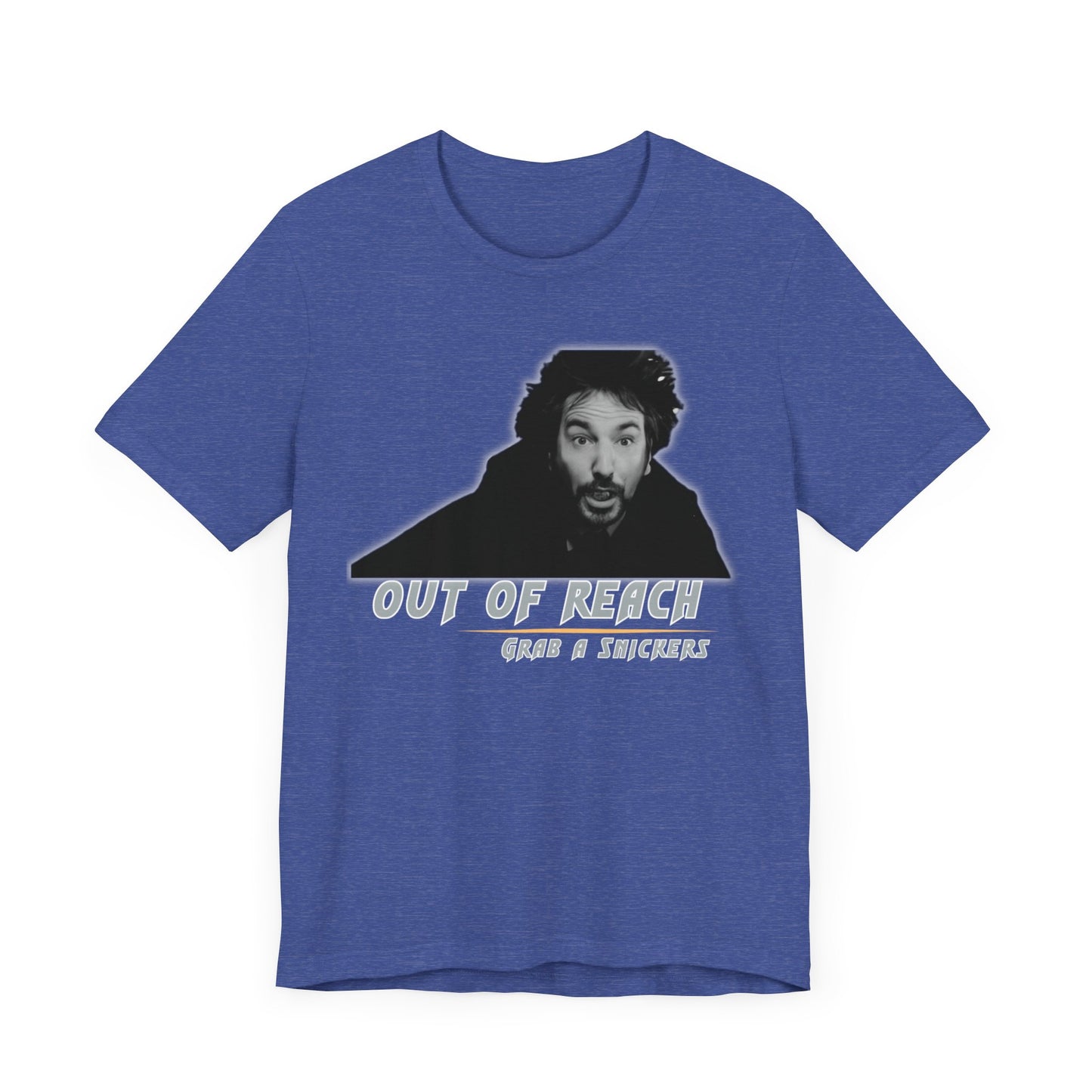 Inspired Parody Die Hard Hans Gruber Tee: Out of Reach, Grab a Snickers! Unisex Jersey Short Sleeve Tee