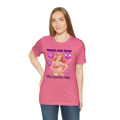 Sarcastic Elegance: Vintage Pink Pinup Girl "Sugar and Spice" on a Bella+Canva 3001 Unisex Jersey T-Shirt - A Must-Have Gift for her