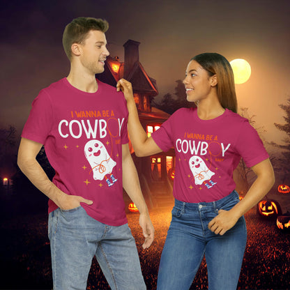 Little Ghost Saying I wanna be a cowboy baby Retro Groovy Western Halloween Unisex Jersey Short Sleeve Tee Gifts for Him Gifts for her.