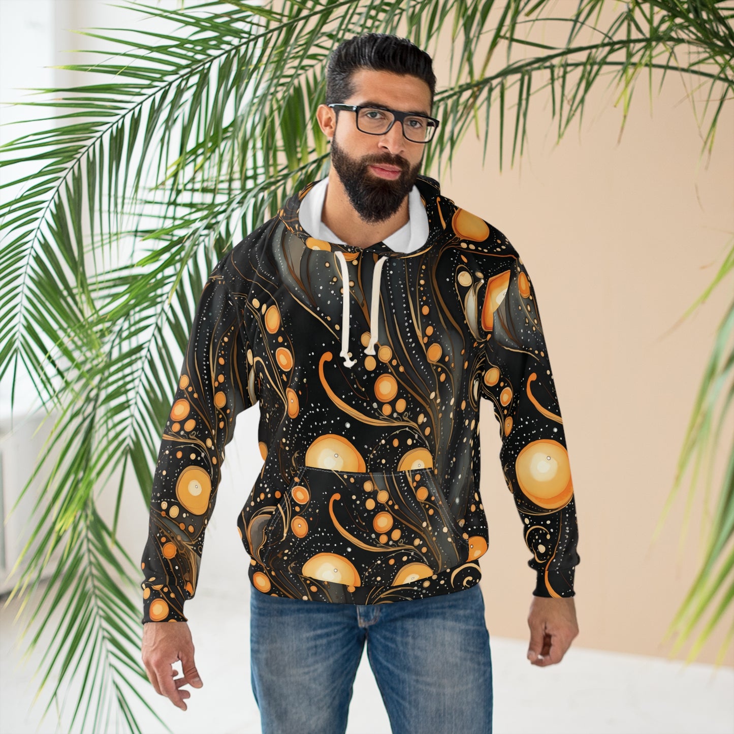 Halloween Yellow and Black Splatter Unisex Pullover Hoodie (AOP) Gifts for Her GIfts for Him