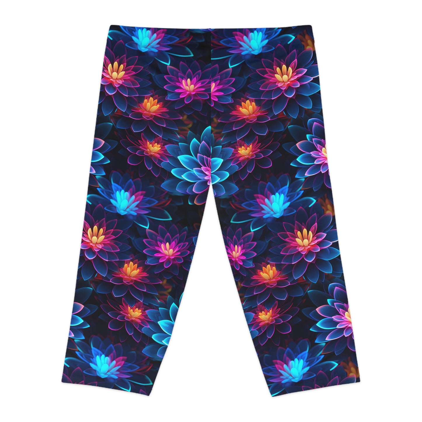 Women's Capri Leggings with Neon Flower Pattern - Vibrant AOP Fitness & Yoga Leggings