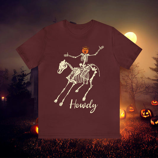 Skeleton Cowboy with a Pumpkin Head Riding a Skeleton Horse saying Howdy Retro Western Halloween Unisex Jersey Short Sleeve Tee