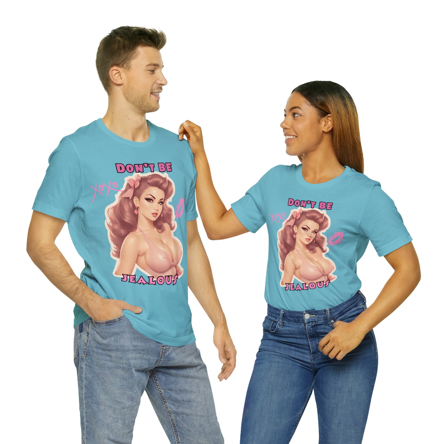 Timeless Elegance: Vintage Pink Pinup Girl "Don't Be Jealous" on a Bella+Canva 3001 Unisex Jersey T-Shirt - A Must-Have Gift for her