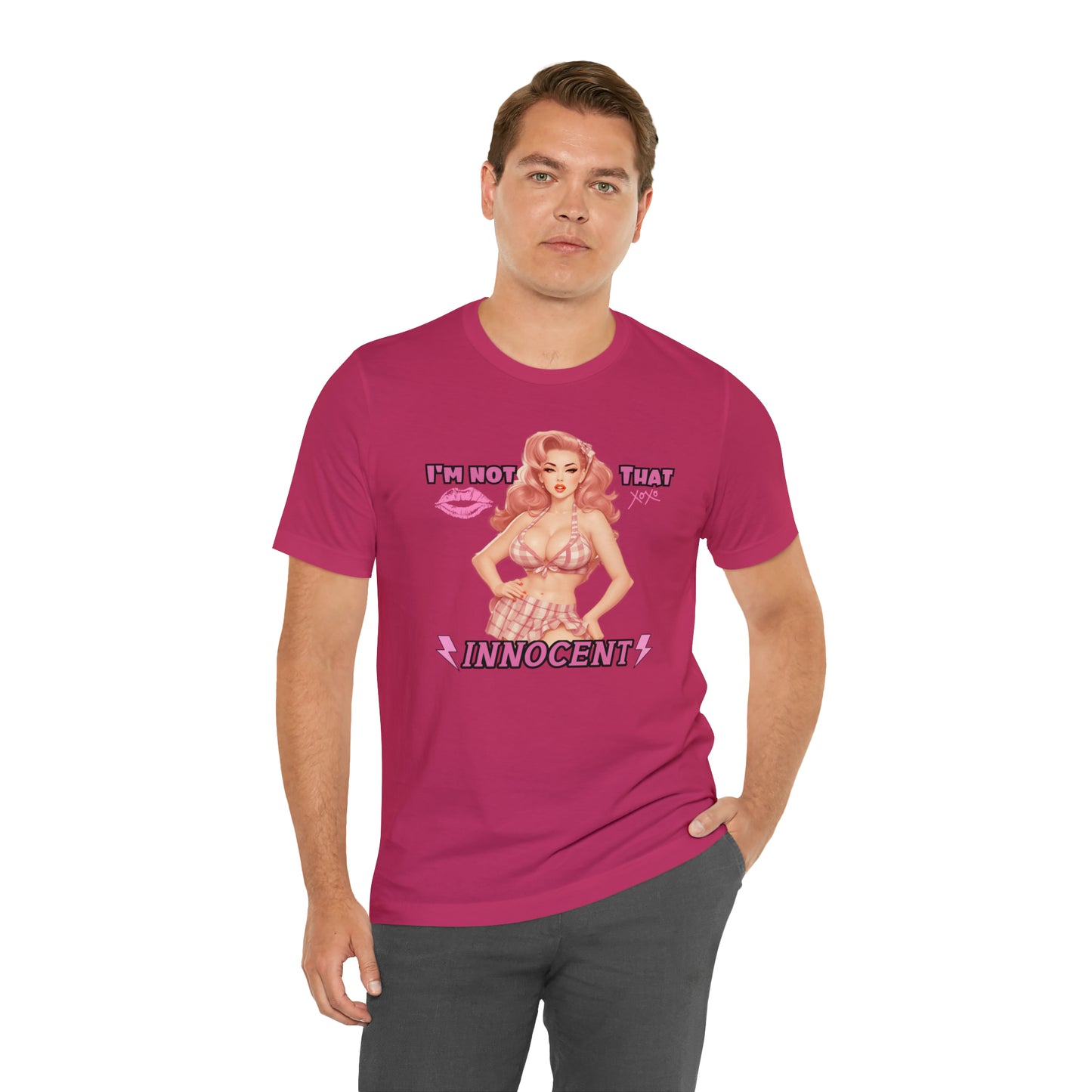 Timeless Elegance: Vintage Pink Pinup Girl "I'm not that Innocent on a Bella+Canva 3001 Unisex Jersey T-Shirt - A Must-Have Gift for her