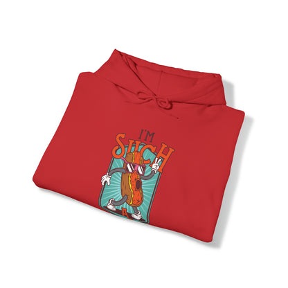 "DirkyThreadz Hot Dog Coolness Hoodie - Quirky Cartoon Design in Bold Blue"