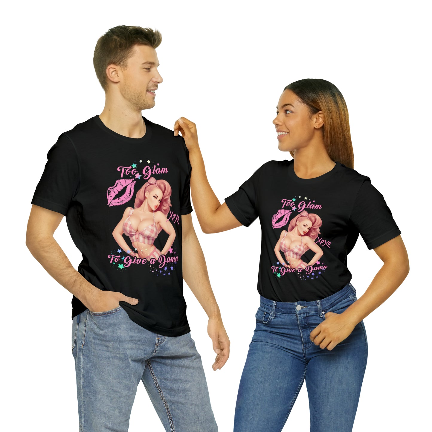 Vintage Pink Pinup Girl "Too Glam To Give a D*mn" on a Bella+Canva 3001 Unisex Jersey T-Shirt - A Must-Have Gift for her