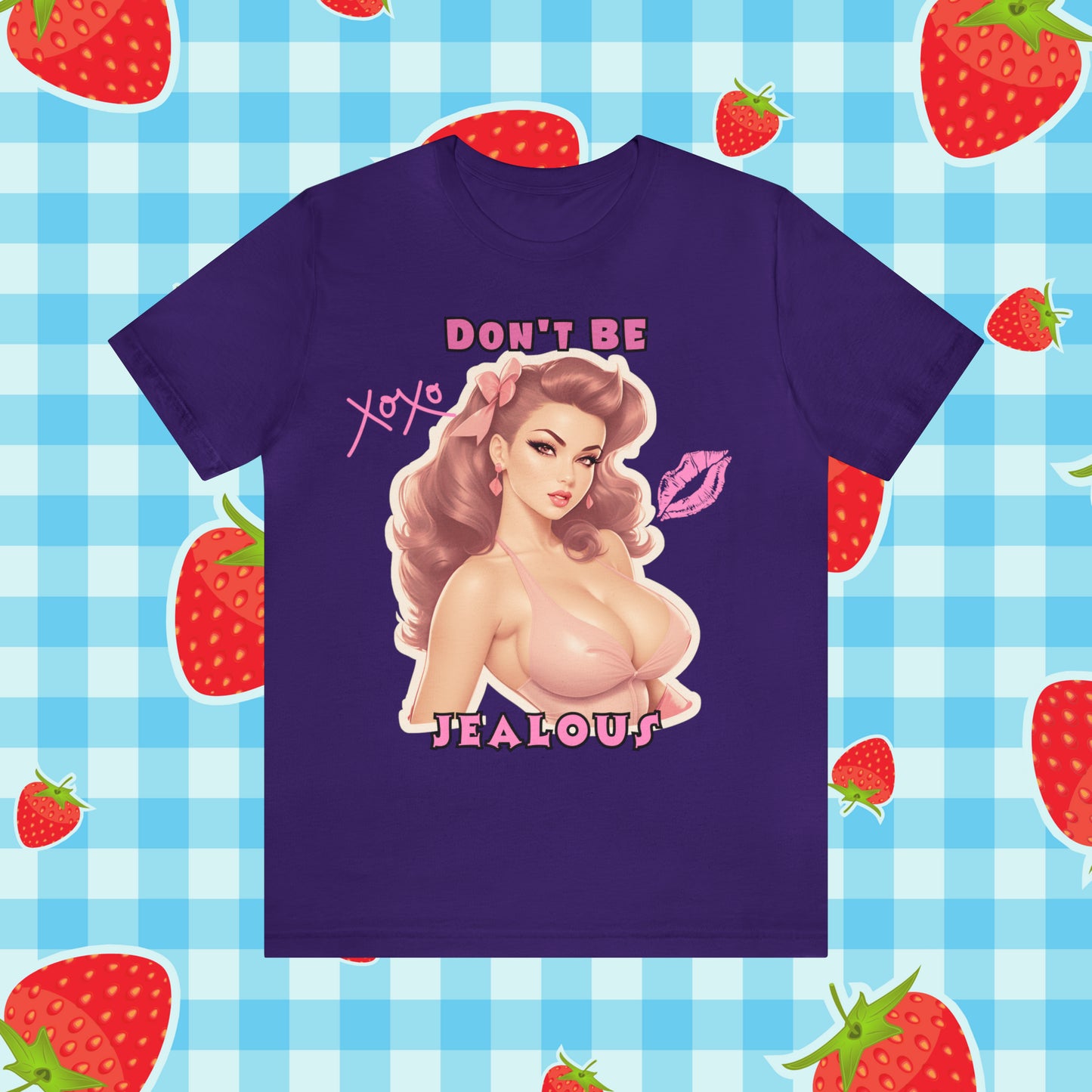 Timeless Elegance: Vintage Pink Pinup Girl "Don't Be Jealous" on a Bella+Canva 3001 Unisex Jersey T-Shirt - A Must-Have Gift for her