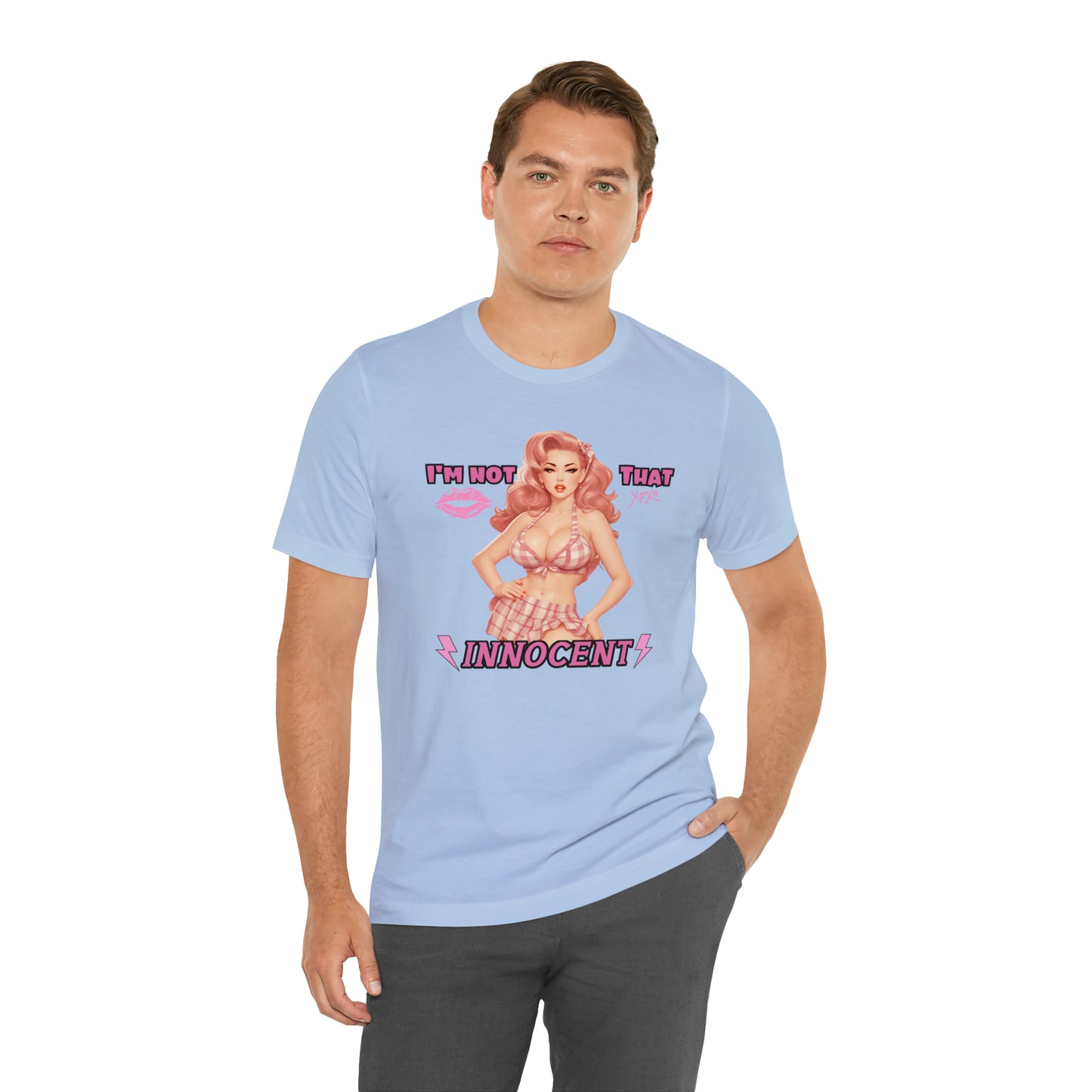 Timeless Elegance: Vintage Pink Pinup Girl "I'm not that Innocent on a Bella+Canva 3001 Unisex Jersey T-Shirt - A Must-Have Gift for her