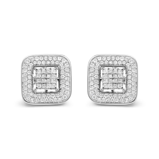 10K White Gold 1.0 Cttw Round and Princess Cut Diamond Composite Open Halo Stud Earrings (H-I Color, SI1-SI2 Clarity)