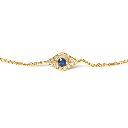 10K Yellow Gold Blue Sapphire and Diamond Accent Evil Eye Station Link Bracelet  (H-I Color, I1-I2 Clarity) - Size 7"