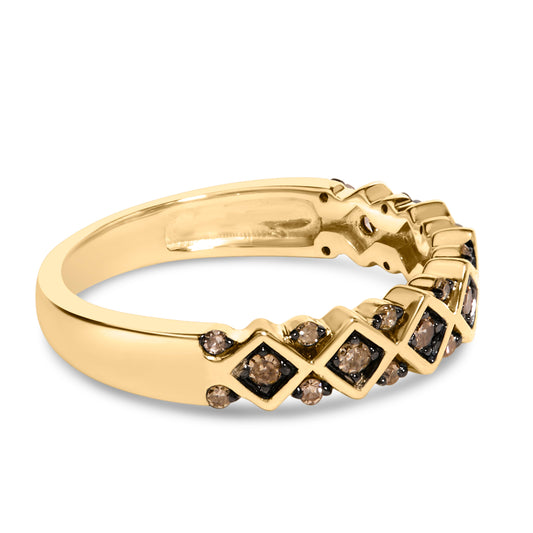 10K Yellow Gold Plated .925 Sterling Silver 1/4 Cttw Champagne Diamond Geometric Band Ring - Size 7
