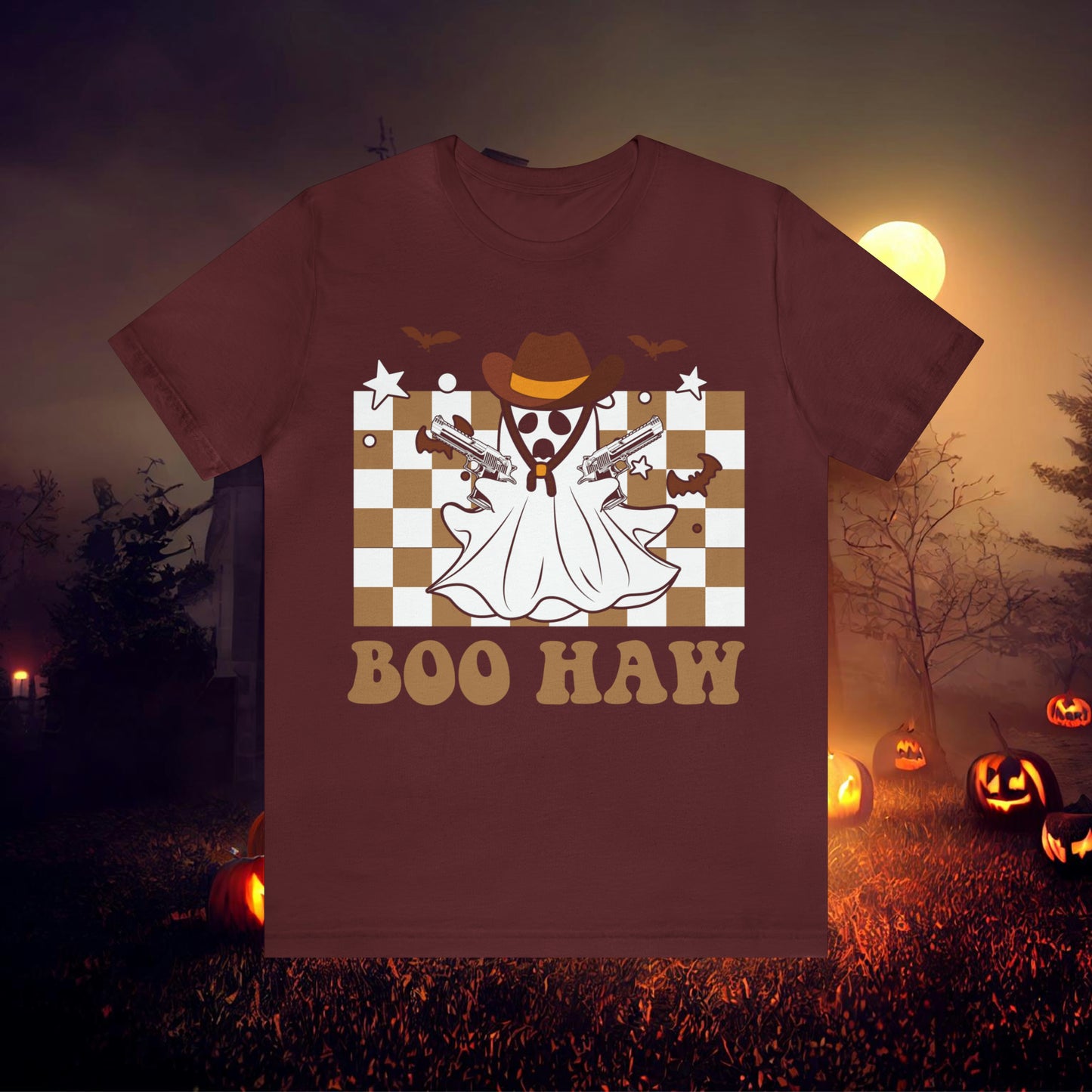 Cowboy Gunslinging Ghost saying Boo Haw Retro Western Halloween Unisex Jersey Short Sleeve Tee Gifts for Him Gifts for Her