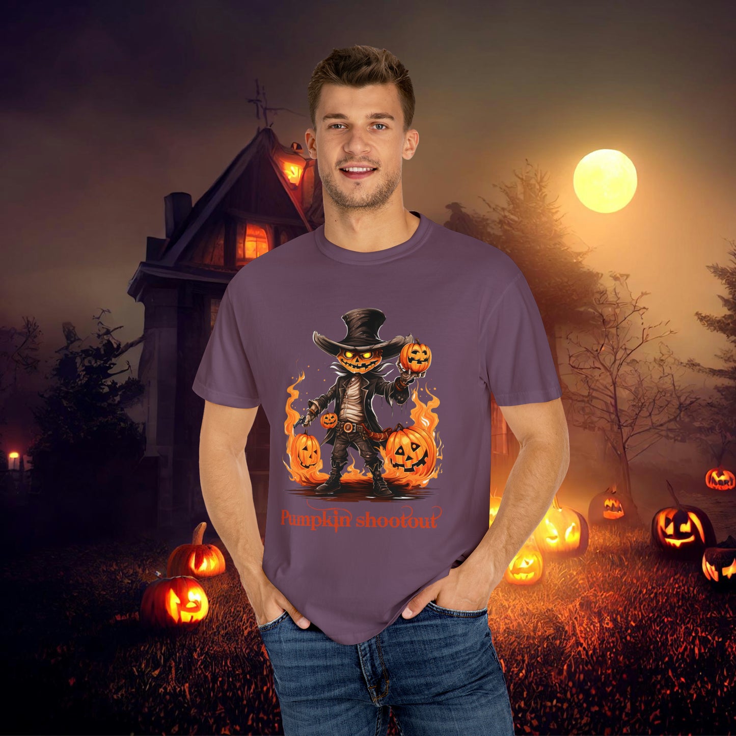 Cowboy Skeleton Gunslinger Pumpkin Shoot Out Halloween Unisex Garment-Dyed T-shirt Gifts for her Gifts for him