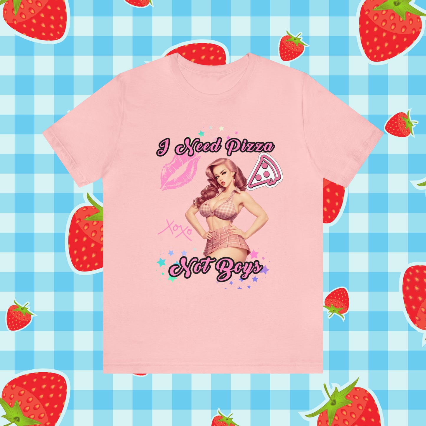 Vintage Pink Pinup Girl "I need Pizza Not Boys" on a Bella+Canva 3001 Unisex Jersey T-Shirt - A Must-Have Gift for her