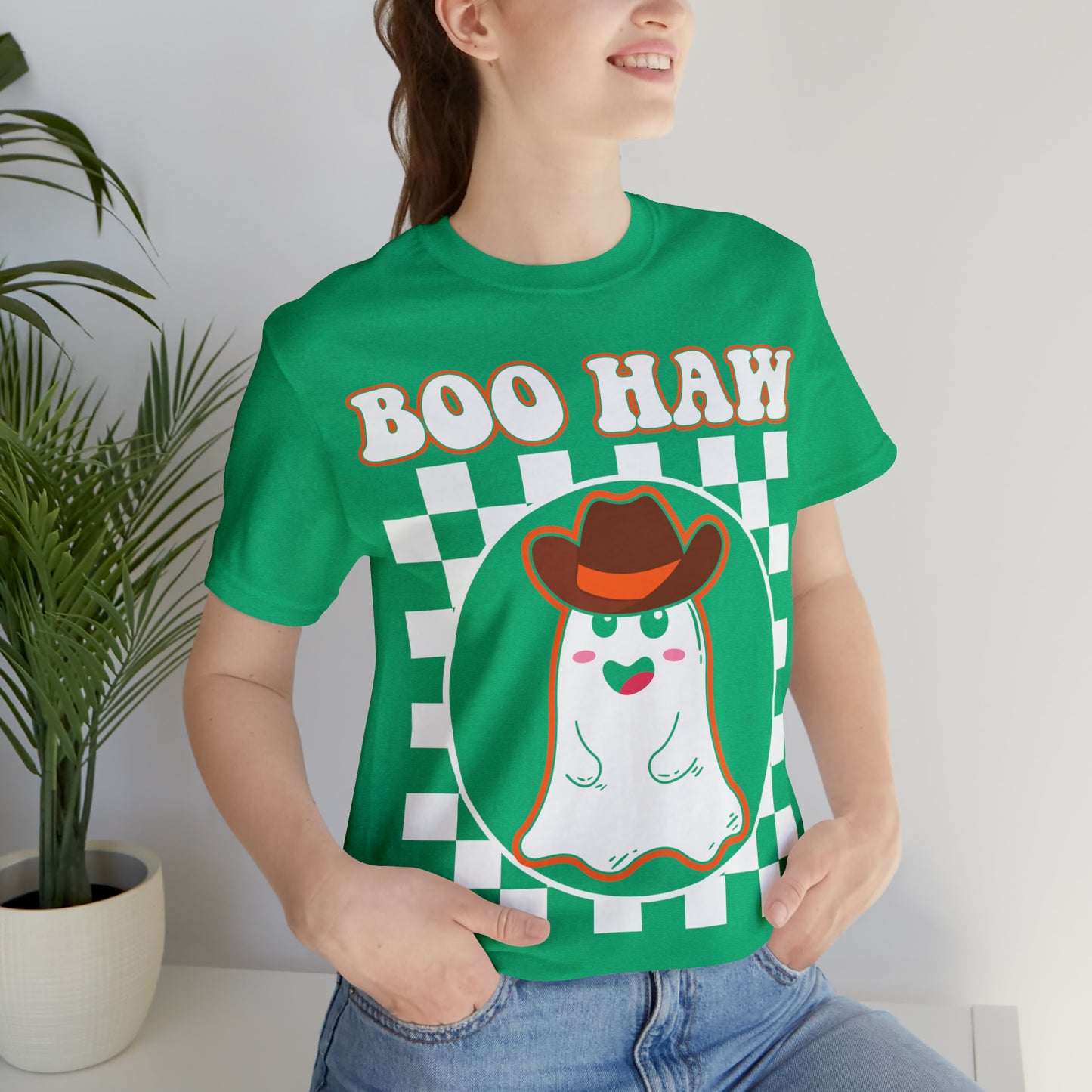 Cute Cowboy Ghost Saying Boo Haw Retro Groovy Western Halloween Unisex Jersey Short Sleeve Tee Gifts for Him Gifts For Her