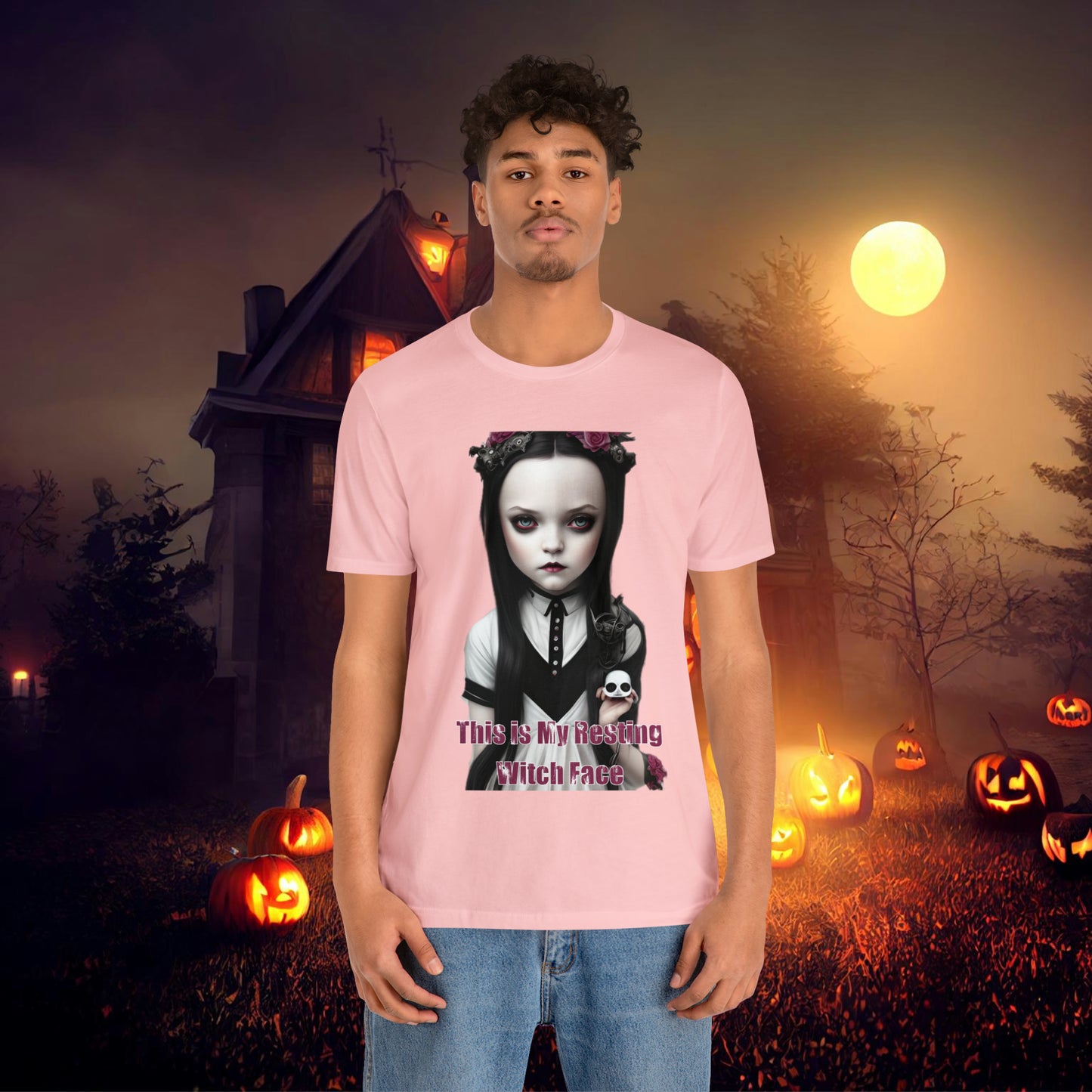 Wednesday Addams Chibi by Charlie Bowater This Is my Resting Witch Face Halloween Unisex Jersey Short Sleeve Tee