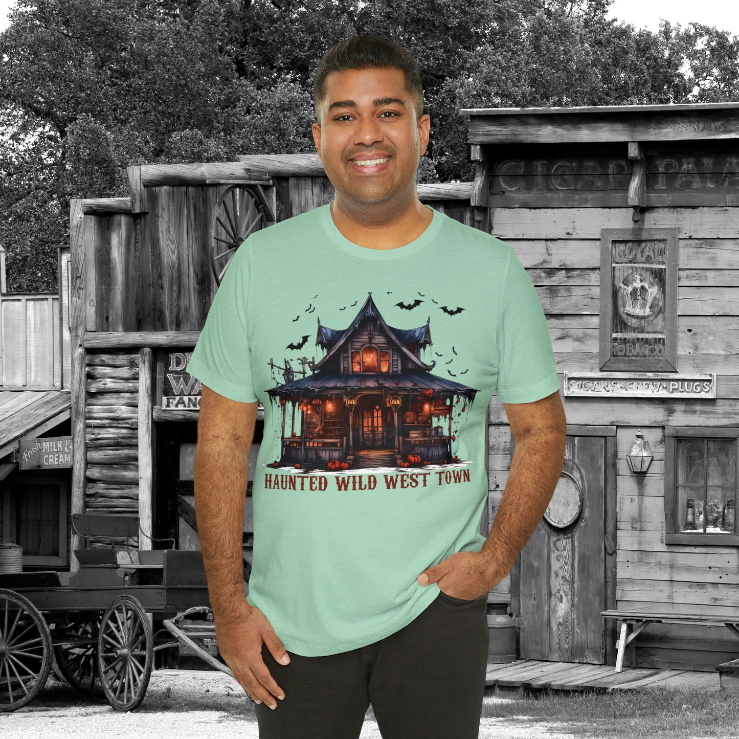 Haunted Wild West Town Halloween Western Unisex Jersey Short Sleeve Tee Gifts for Him Gifts For Her