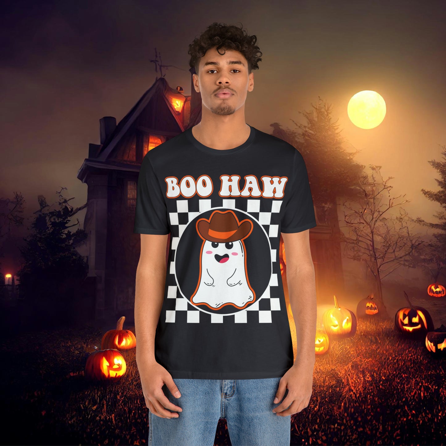 Cute Cowboy Ghost Saying Boo Haw Retro Groovy Western Halloween Unisex Jersey Short Sleeve Tee Gifts for Him Gifts For Her