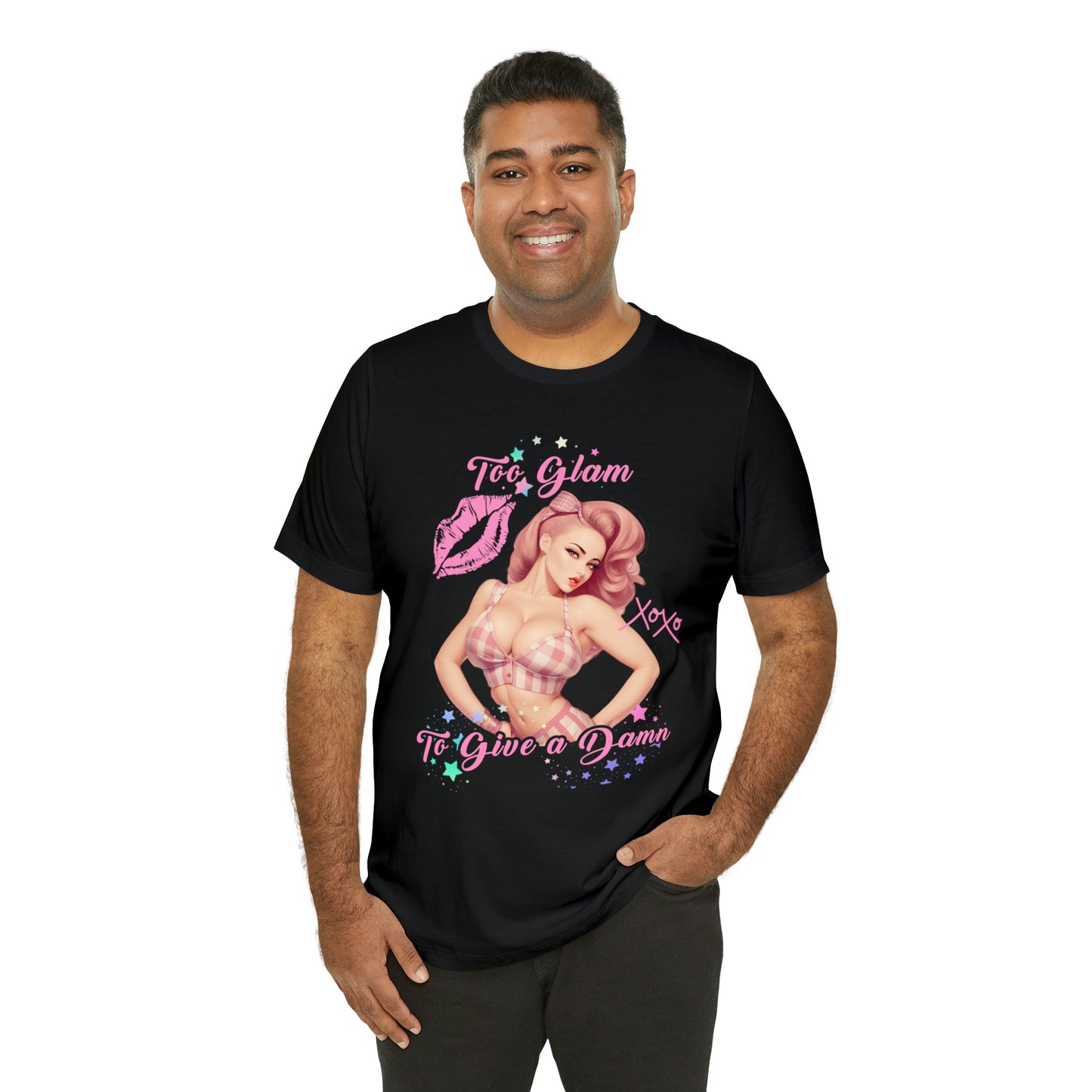 Vintage Pink Pinup Girl "Too Glam To Give a D*mn" on a Bella+Canva 3001 Unisex Jersey T-Shirt - A Must-Have Gift for her