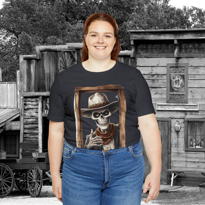 Spooky Saloon Showdown Gunslinging Skeleton Cowboy Halloween Unisex Jersey Short Sleeve Tee