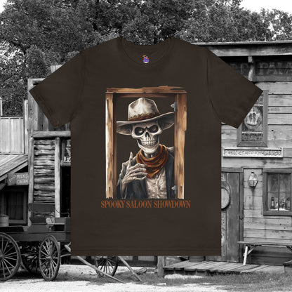 Spooky Saloon Showdown Gunslinging Skeleton Cowboy Halloween Unisex Jersey Short Sleeve Tee