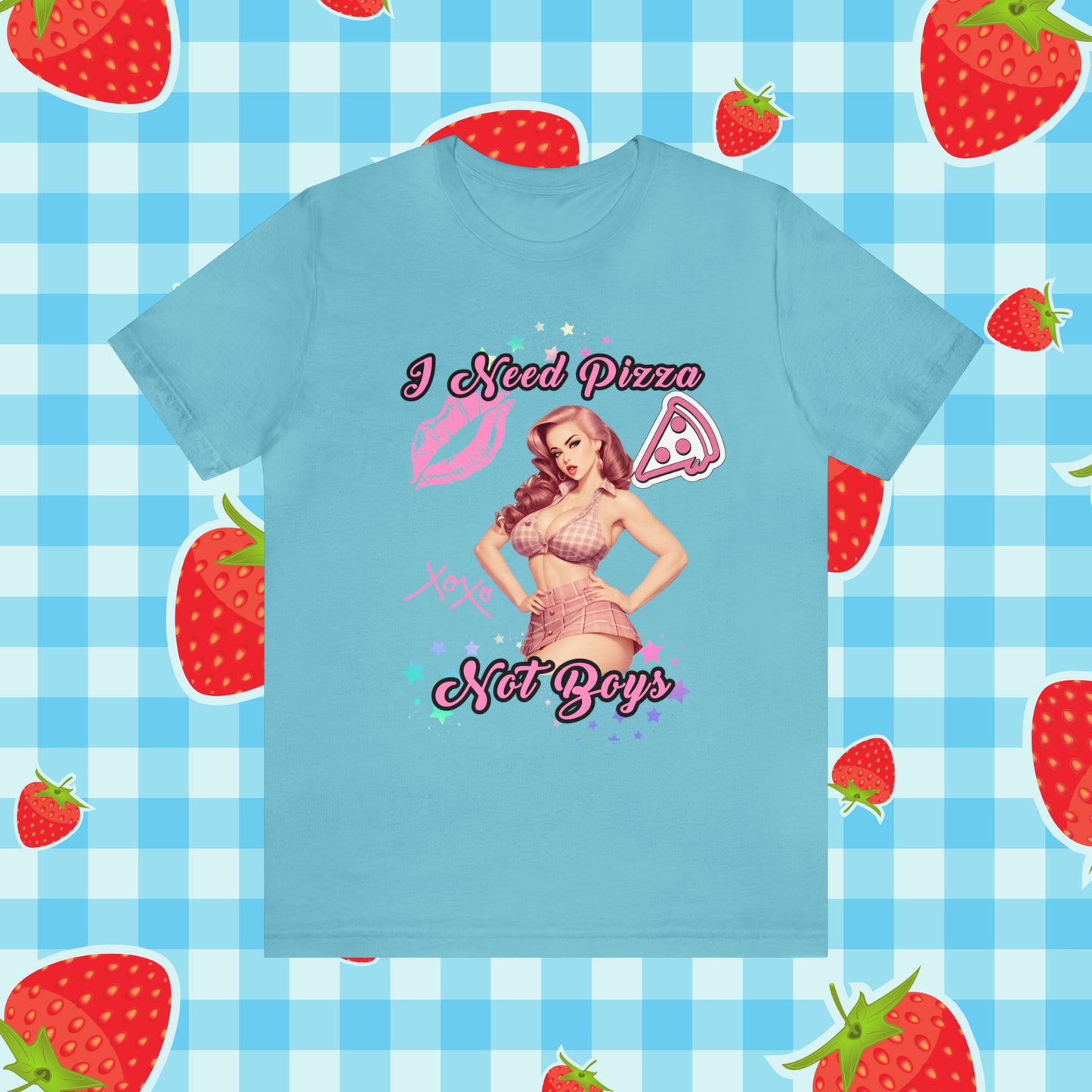 Vintage Pink Pinup Girl "I need Pizza Not Boys" on a Bella+Canva 3001 Unisex Jersey T-Shirt - A Must-Have Gift for her