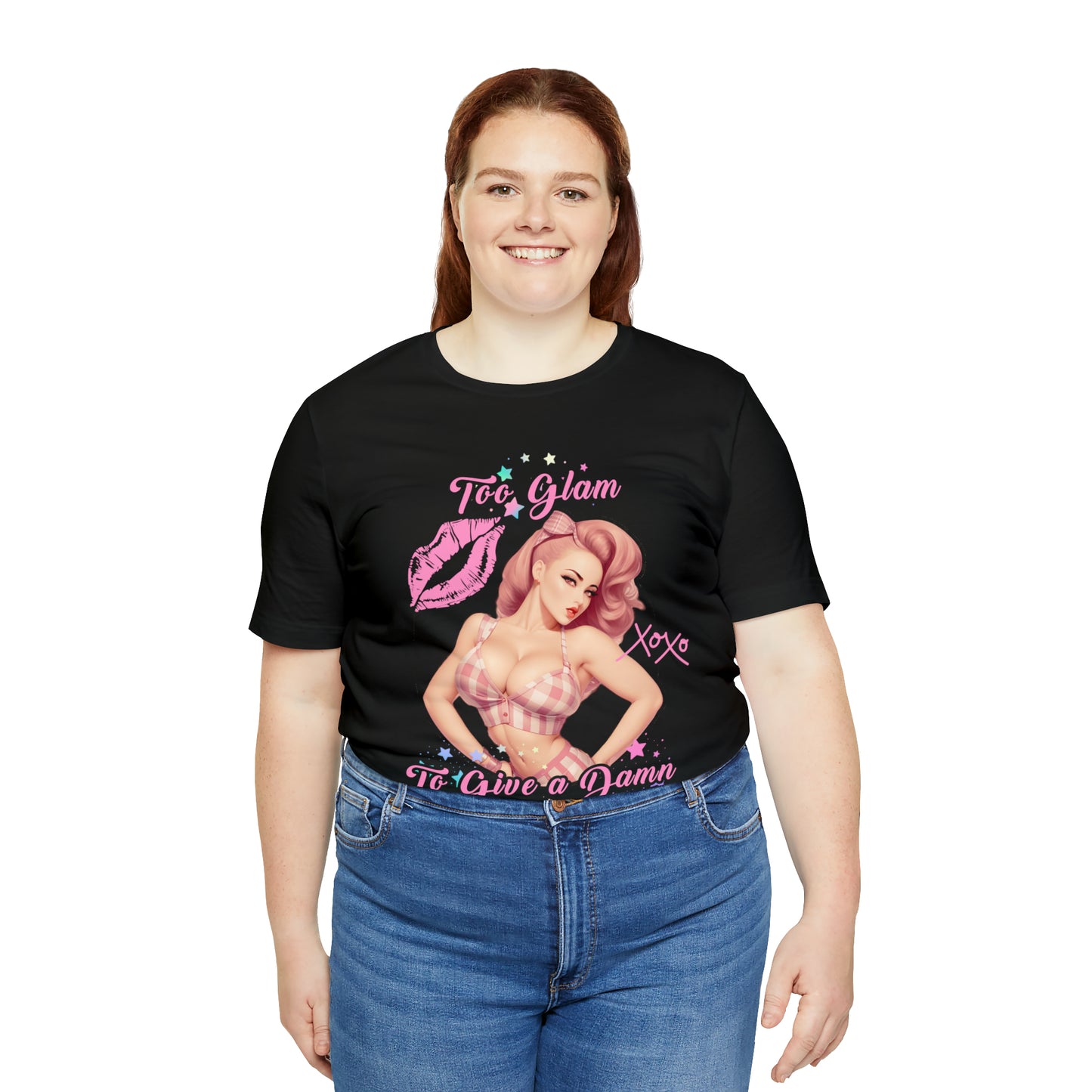 Vintage Pink Pinup Girl "Too Glam To Give a D*mn" on a Bella+Canva 3001 Unisex Jersey T-Shirt - A Must-Have Gift for her