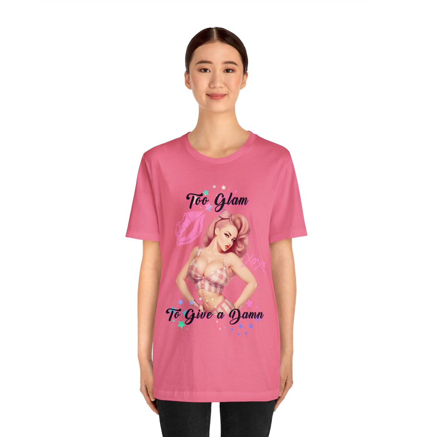 Vintage Pink Pinup Girl "Too Glam To Give a D*mn" on a Bella+Canva 3001 Unisex Jersey T-Shirt - A Must-Have Gift for her