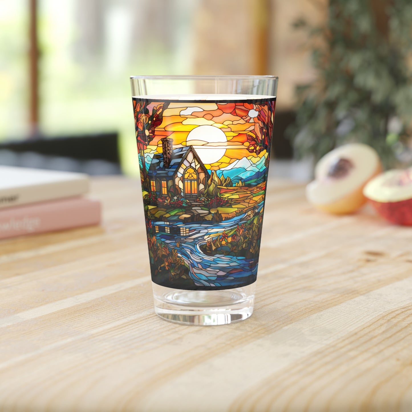 Rural Serenity: a charming farmhouse nestled amidst lush greenery, near a babbling brook 16oz Pint Glass Gift idea gifts for home decor housewarming gift