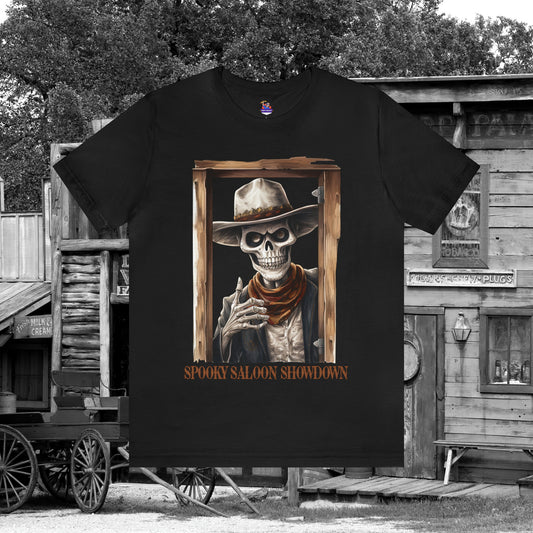 Spooky Saloon Showdown Gunslinging Skeleton Cowboy Halloween Unisex Jersey Short Sleeve Tee