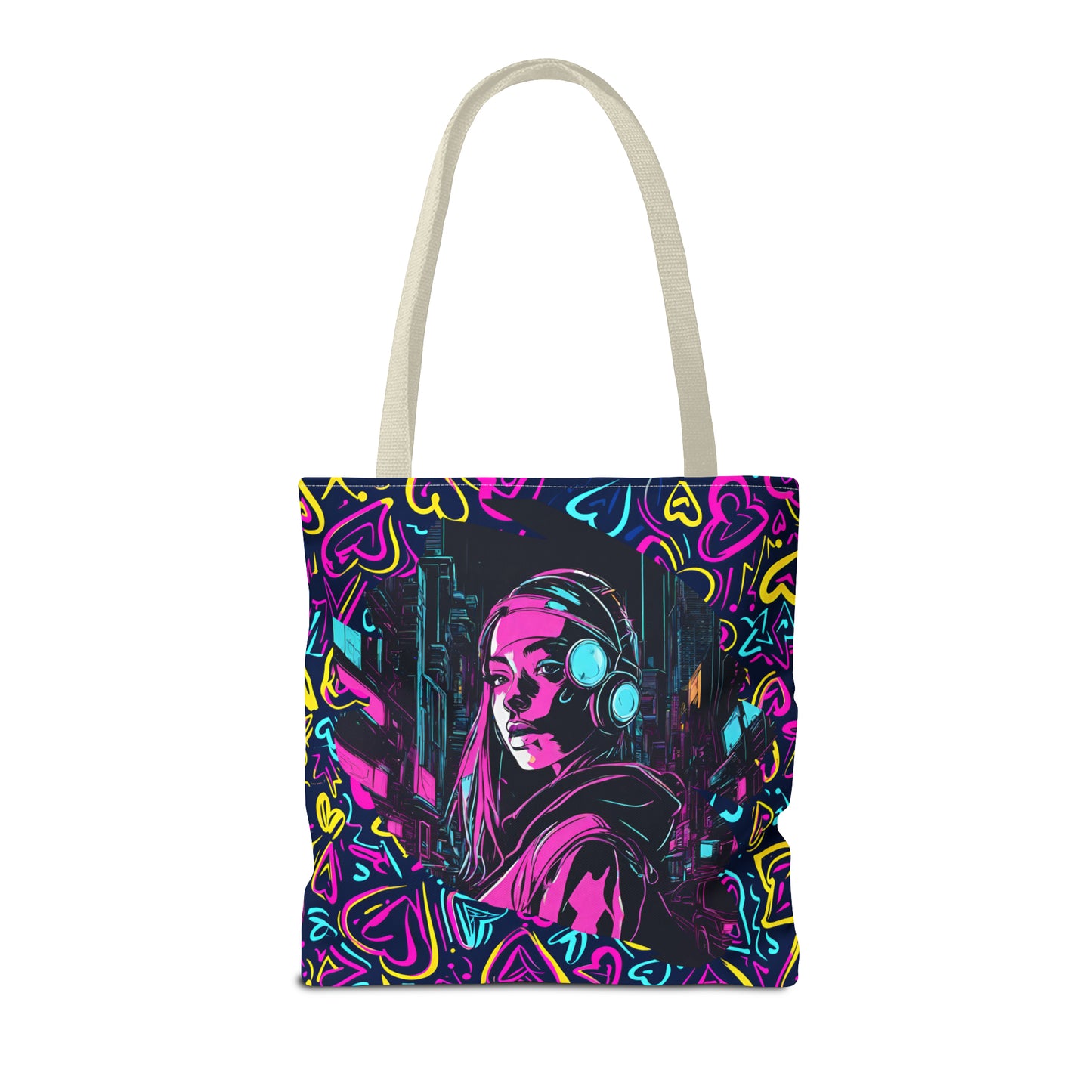 Cyberpunk Girl in Neon Graffiti Hearts AOP Tote Bag 3 sizes 5 color handle options