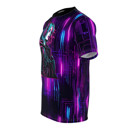 Neon Futuristic Lights Cyberpunk Girl Unisex Cut & Sew Tee (AOP)