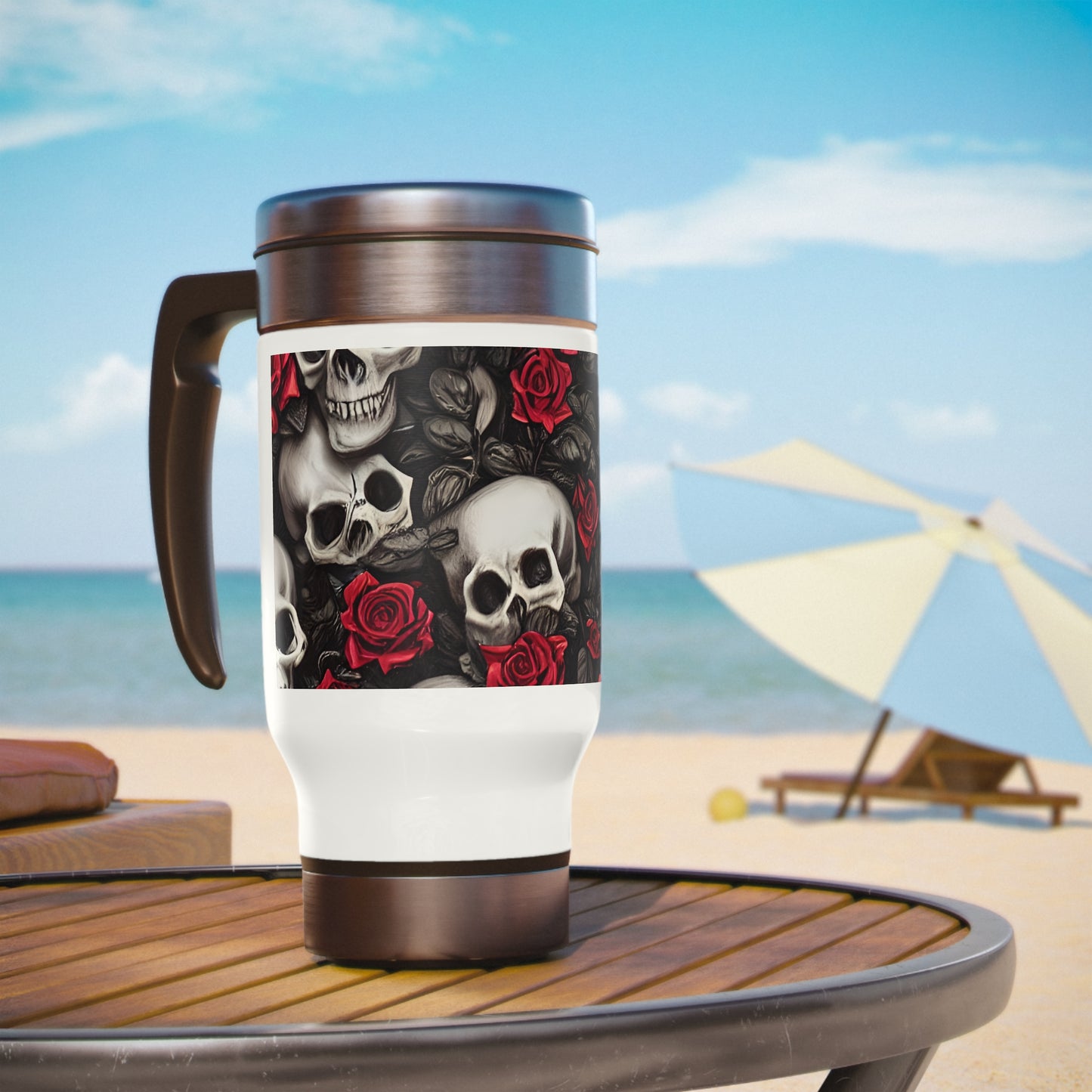 Hyper Realistic Skulls and Red Roses by artist Anne-Laure Goupil Stainless Steel Travel Mug with Handle, 14oz