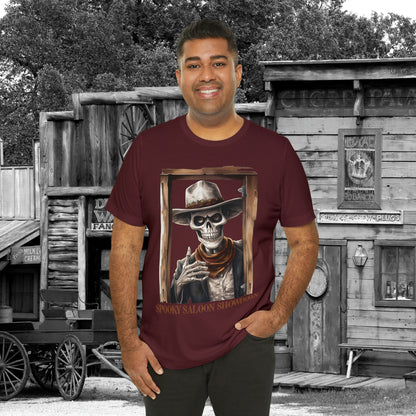 Spooky Saloon Showdown Gunslinging Skeleton Cowboy Halloween Unisex Jersey Short Sleeve Tee