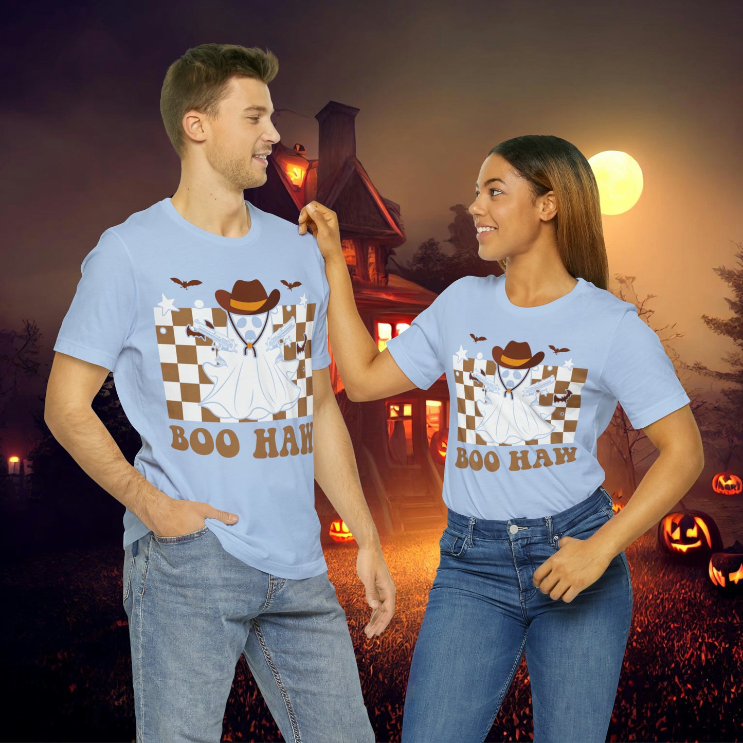 Cowboy Gunslinging Ghost saying Boo Haw Retro Western Halloween Unisex Jersey Short Sleeve Tee Gifts for Him Gifts for Her