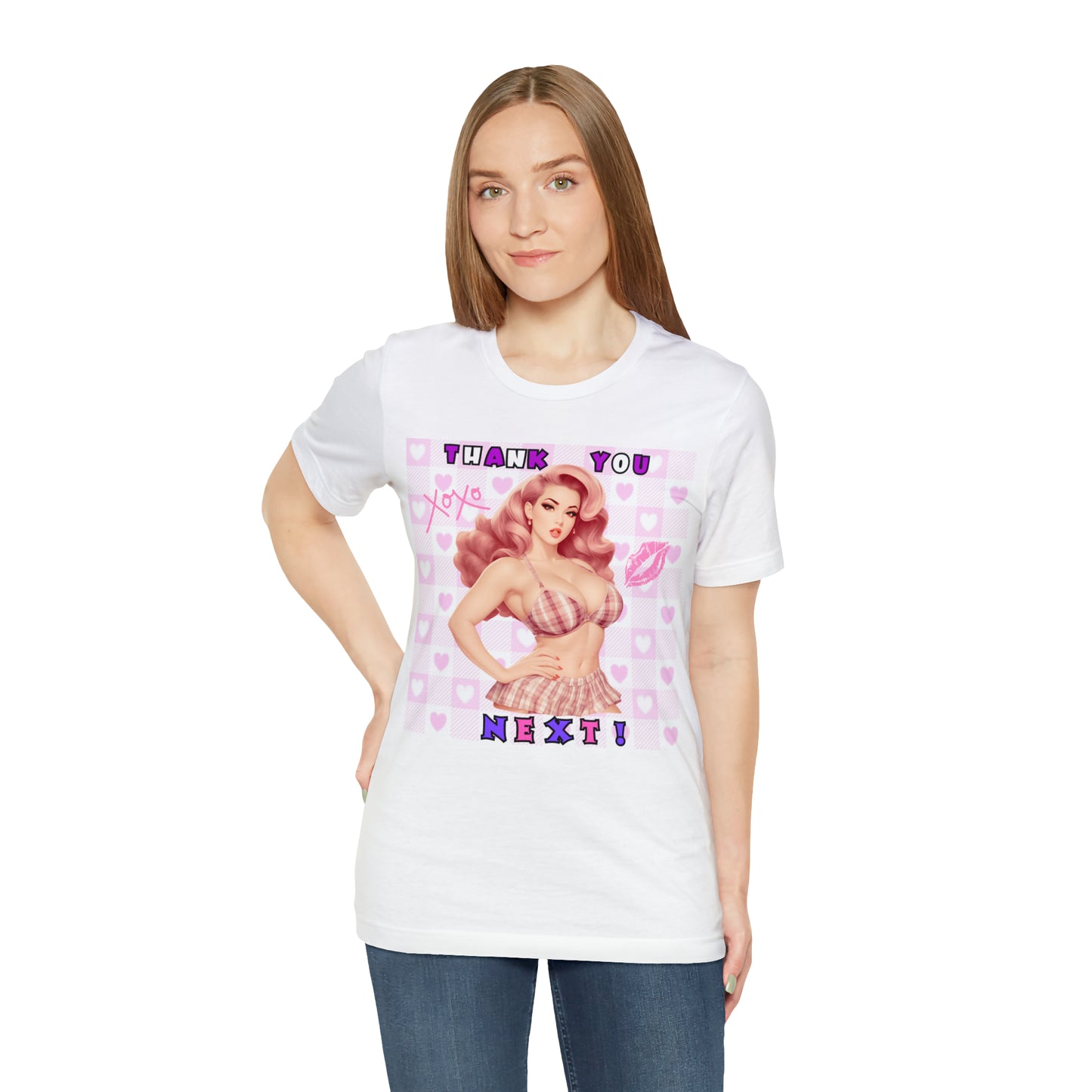 Timeless Elegance: Vintage Pink Pinup Girl "Thank You Next" on a Bella+Canva 3001 Unisex Jersey T-Shirt - A Must-Have Gift for her