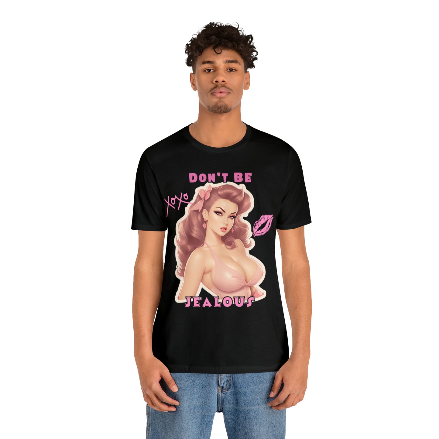 Timeless Elegance: Vintage Pink Pinup Girl "Don't Be Jealous" on a Bella+Canva 3001 Unisex Jersey T-Shirt - A Must-Have Gift for her