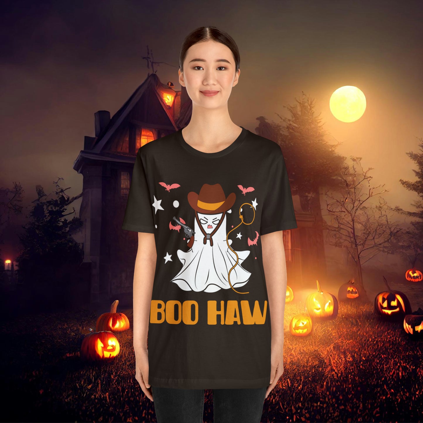 Ghost Cowboy Gunslinger saying Boo Haw Retro Western Halloween Unisex Jersey Short Sleeve Tee Gifts for Her Gifts for Him