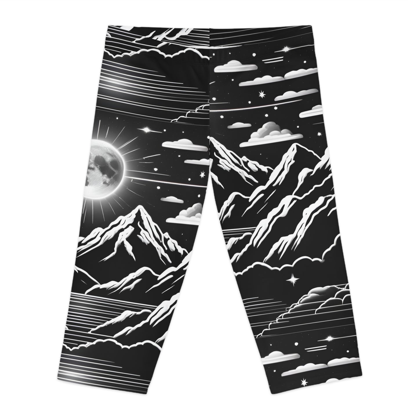 Women's Capri Leggings with Night Sky Silhouette and Moon Over Water - AOP Fitness & Yoga Leggings