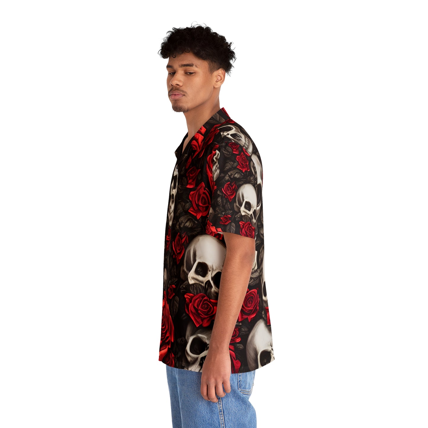 Hyper Realistic Skulls and Red Roses by artist Anne-Laure Goupil Men's Hawaiian Shirt (AOP)