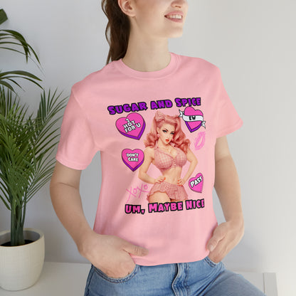Sarcastic Elegance: Vintage Pink Pinup Girl "Sugar and Spice" on a Bella+Canva 3001 Unisex Jersey T-Shirt - A Must-Have Gift for her