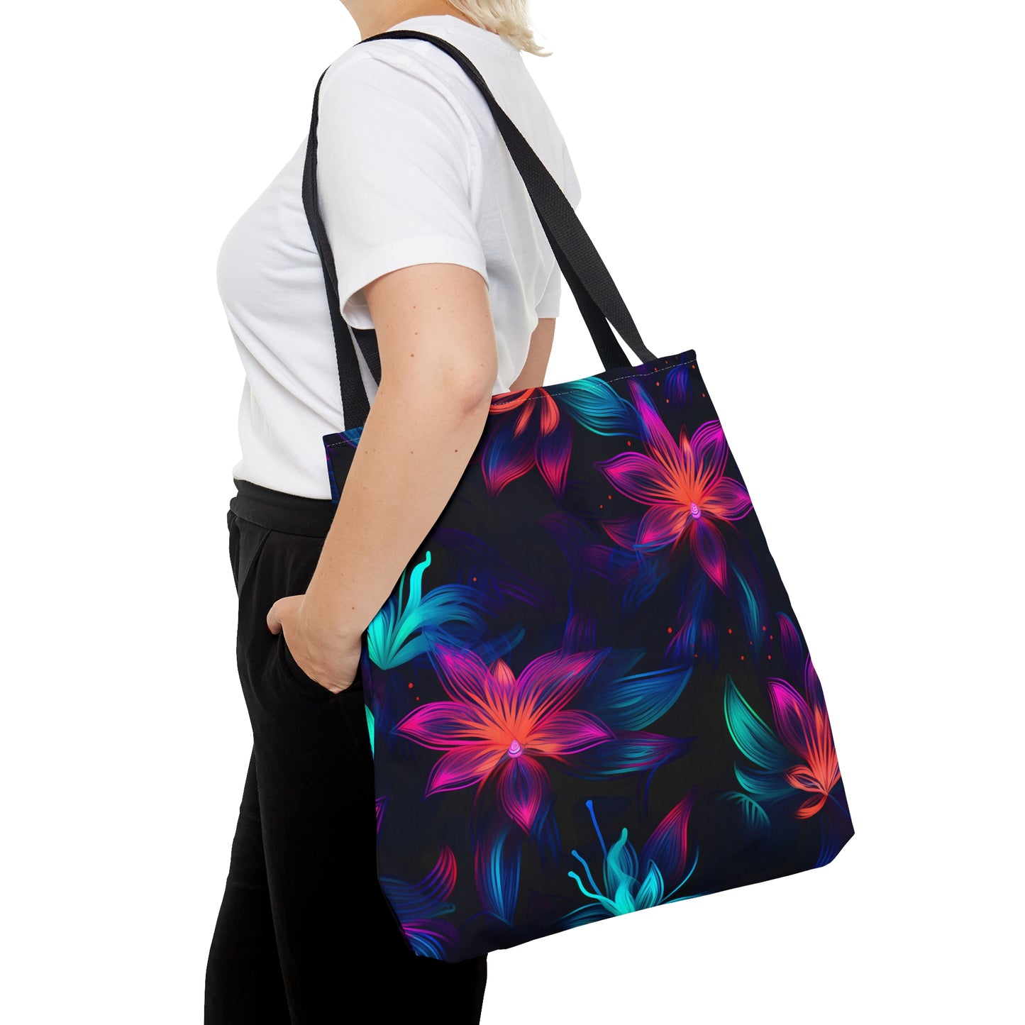 Burst of Neon Blossoms All Over Print Tote Bag